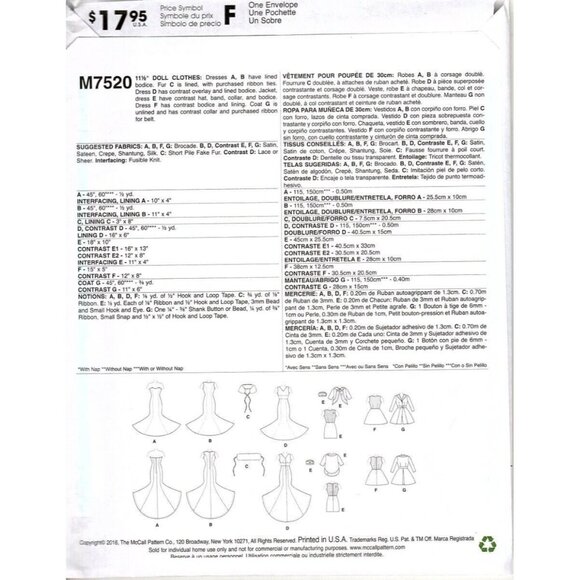 McCall's Crafts M7520 11.5 inch Fashion Doll Top, Dresses Uncut Sewing Pattern - Picture 2 of 2